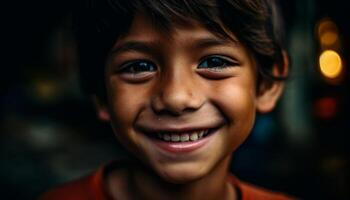 söt skol med toothy leende åtnjuter sorglös barndom inomhus genererad förbi ai foto