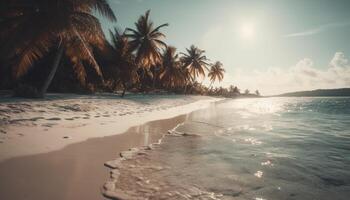 idyllisk handflatan träd solnedgång över lugn karibiska vattnen, ren skönhet genererad förbi ai foto