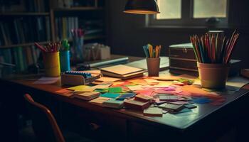 kreativ arbetsyta skrivbord med mång färgad papper, pennor, och kritor genererad förbi ai foto