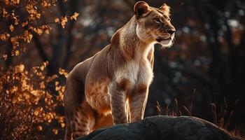 majestätisk lejon Sammanträde i gräs, ser bort på solnedgång genererad förbi ai foto