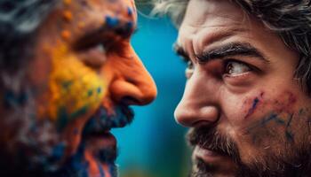 leende vuxna obligation i färgrik ansikte måla på kulturell festival genererad förbi ai foto