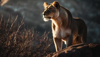 majestätisk manlig lejon gående i de vildmark, vakenhet i hans ögon genererad förbi ai foto