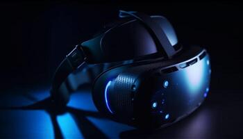 trogen headsetet med blå digital visa för virtuell verklighet simulering genererad förbi ai foto