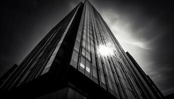 lång skyskrapa, modern design, stål Fasad, svart och vit abstrakt genererad förbi ai foto