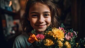 söt flicka innehav blomma bukett, leende med förtroende inomhus genererad förbi ai foto