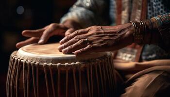 män och kvinnor spelar percussion instrument, visa upp inhemsk kulturer genererad förbi ai foto