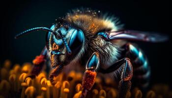 stänga upp av en gul honung bi pollinerande en enda blomma genererad förbi ai foto