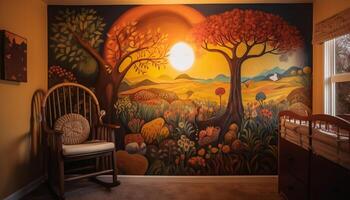 bekväm soffa i rustik Hem interiör med färgrik höst landskap tapet genererad förbi ai foto