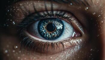 ett kvinna stirrande, blå ögon tittar på, skönhet ser på kamera genererad förbi ai foto