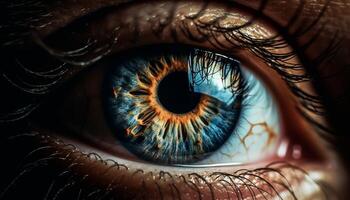 ett kvinna blå ögon stirrande, tittar på med selektiv fokus genererad förbi ai foto