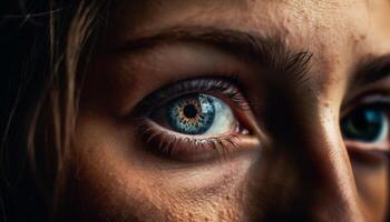 blå ögon kvinna stirrande på söt djur- öga i natur genererad förbi ai foto