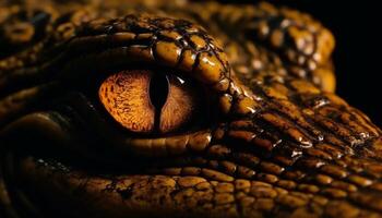 läskigt reptil stirrande med gul ögon i de mörk natt genererad förbi ai foto