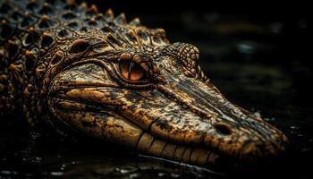krokodil stänga upp porträtt, farlig tänder och aggressiv ser genererad förbi ai foto
