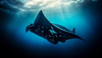 majestätisk manta stråle simning i djup blå under vattnet mysterium genererad förbi ai foto