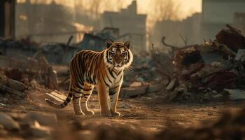 majestätisk bengal tiger gående i de vild, stirrande på kamera genererad förbi ai foto