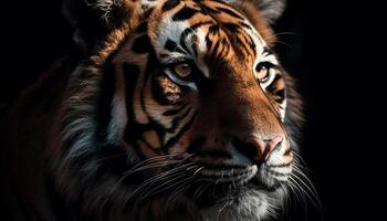 majestätisk bengal tiger stirrande med aggression, i svart bakgrund genererad förbi ai foto
