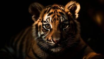 stänga upp av majestätisk bengal tiger, stirrande med intensiv djur- ögon genererad förbi ai foto