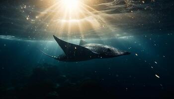 majestätisk delfin simning i de djup blå under vattnet marinmålning genererad förbi ai foto