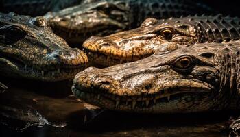 rasande krokodil mång färgad tänder i stänga upp, en farlig rovdjur genererad förbi ai foto