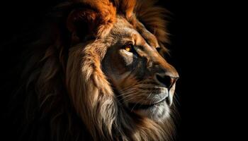 majestätisk lejon stirrande med aggression, styrka och vakenhet i natur genererad förbi ai foto