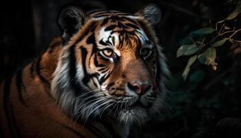skön bengal tiger stirrande våldsamt i de tropisk regnskog genererad förbi ai foto