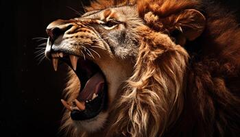 majestätisk lejon rytande med raseri, som visar tänder och stor manen genererad förbi ai foto