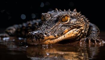 stor alligator med mång färgad skalor ser på kamera i träsk genererad förbi ai foto