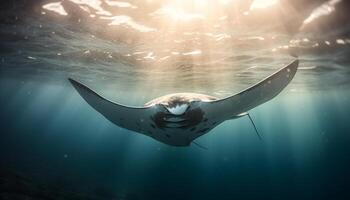 majestätisk manta stråle simning i djup blå hav, omgiven förbi vatten- liv genererad förbi ai foto
