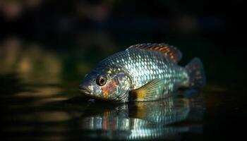 färgrik fisk simma i lugn sötvatten damm, omgiven förbi natur genererad förbi ai foto