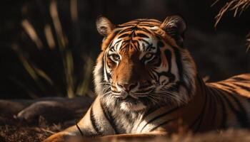 majestätisk bengal tiger stirrande, stänga upp porträtt av vild aggression genererad förbi ai foto