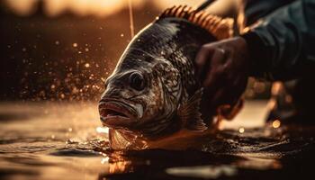 ett man fångster färsk fisk i de utomhus, stänk vatten genererad förbi ai foto