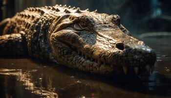stor krokodil vilar i våt träsk, tänder och nos synlig genererad förbi ai foto