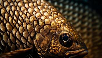 de guld färgad fisk öga i stänga upp under vattnet, en skönhet i natur genererad förbi ai foto