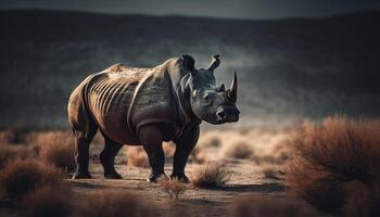 stor noshörning betning på enkel i afrikansk vildmark på solnedgång genererad förbi ai foto