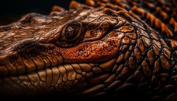 gul ögon krokodil hud mönster i mörk träsk vatten genererad förbi ai foto