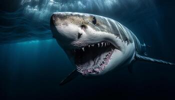 majestätisk under vattnet jätte fisk med skarp tänder och läskigt fenor genererad förbi ai foto