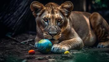 endangered tiger dölja i gräs, lekfull och söt porträtt genererad förbi ai foto