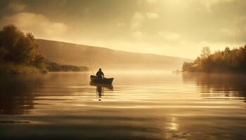 ett person rodd en kanot på solnedgång, njuter lugn natur genererad förbi ai foto