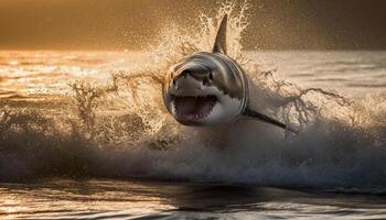 majestätisk däggdjur hoppar i de hav, tänder blottade, vågor kraschar genererad förbi ai foto