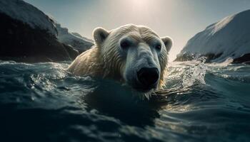 majestätisk däggdjur stänk i lugn vatten, ser på kamera genererad förbi ai foto