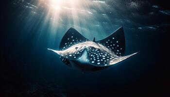 majestätisk manta stråle simning Nedan tropisk rev i djup vatten genererad förbi ai foto