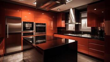 modern kök design med rostfri stål vitvaror, marmor bänkskivor, och ljus belysning genererad förbi ai foto
