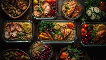 grillad kött och vegetabiliska tallrik med färsk sallad och bröd genererad förbi ai foto