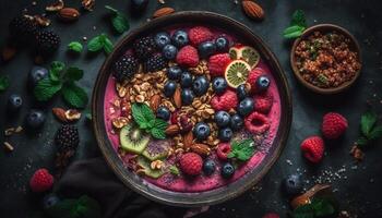 friska gourmet mellanmål bär frukt skål med granola och yoghurt genererad förbi ai foto