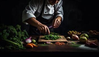 organisk vegetabiliska sallad förberedelse förbi manlig kock på rustik tabell genererad förbi ai foto