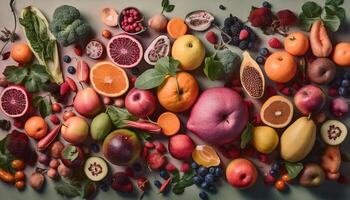 friska äter med en färgrik samling av organisk frukt och grönsaker genererad förbi ai foto