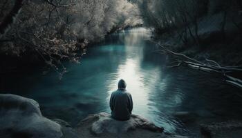 ett person Sammanträde i ensamhet mediterar på skönhet i natur genererad förbi ai foto