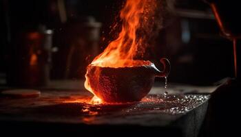 gourmet måltid matlagning på varm spis med lysande flamma och ånga genererad förbi ai foto