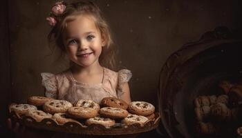 söt leende flicka ägnar sig åt i hemlagad choklad muffin inomhus genererad förbi ai foto