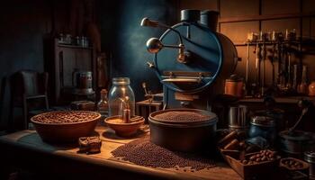 rustik kaffe affär förbereder färsk, fullkorn kaffe med antik maskineri genererad förbi ai foto